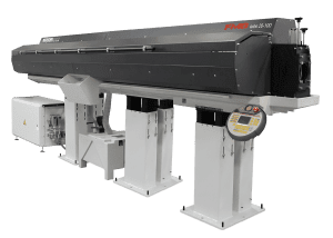 The FMB Turbo 20-100 expands on the already established Turbo "Heavy Metal" line of hydrodynamic 12' through 24' bar loading magazine feeders. This unit also offers a one size channel set that automatically adjusts for all material sizes. Quick change polyurethane guide channels allow for quiet operation at high RPM while feeding round, square or hex bar stock. The Turbo 20-100 automatic bar feeder is compatible with all types of sliding or fixed, CNC or cam operated lathes with spindle bores up to 102mm.