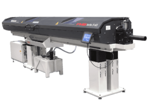 The FMB Turbo 5-65, available in 6' or 12' configurations, is an automatic bar feeder for processing bars in the diameter range of 5-65mm and in lengths up to 3200mm, 3800mm, or 4200mm on machine tools. Quick change polyurethane guide channels allow for quiet operation at high RPM while feeding round, square or hex bar stock.