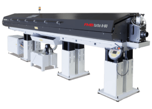 The FMB Turbo 8-80, available in 8' or 12' configuration, is an automatic bar loading magazine feeder for processing bars in the diameter range of 8-80mm and in lengths up to 3200mm, 3800mm, or 4200mm on machine tools. Quick change polyurethane guide channels allow for quiet operation at high RPM while feeding round, square or hex bar stock.