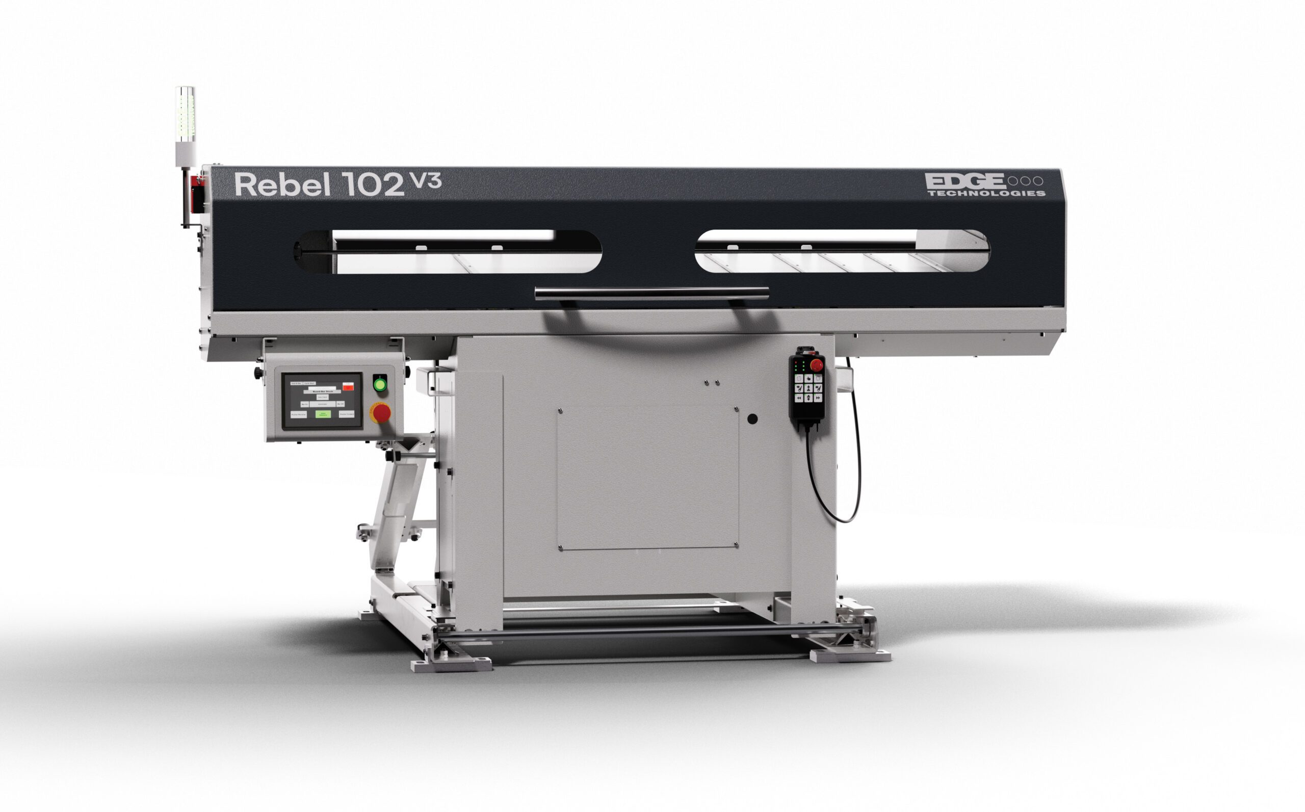 Rebel 102 V3 Angle Persp - Hero 2025 The Rebel 102 Servo SE is a compact bar loading system with a large magazine capacity, conversational programming, user-friendly software, programmable bar diameter & part length, remote control axis jog, linear feed & Servo drive, and a rotating stock that does not come in contact with the loading magazine, allowing high speed machining, especially in hex, square and profiled stock.
